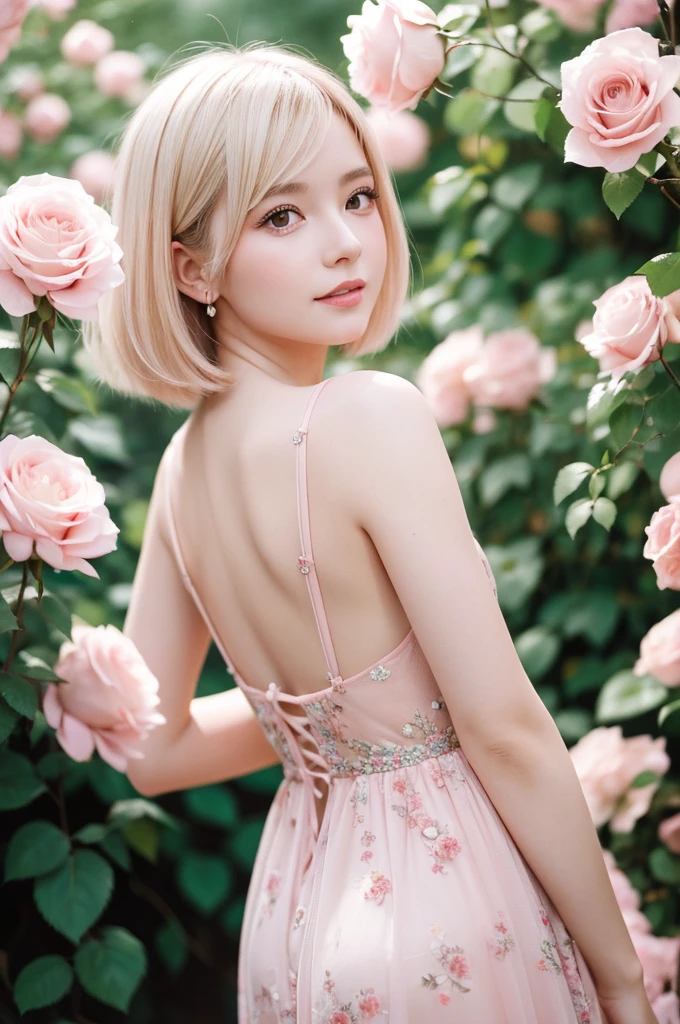 8K, RAW Photos, Fujifilm, Avril-like style photo of a beautiful young woman in a garden of pale pink roses (Highly detailed skin: 1.2) Style Petal Break Short Hair, Blonde and colored hair, Wearing a dress, Film Granulation, 35mm, Cute Style