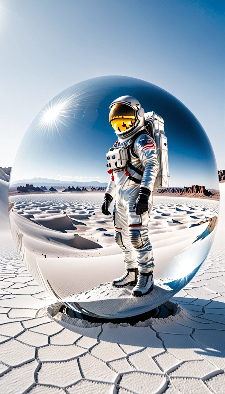 Astronaut with mirrored helmet standing on white desert background，A city model in a huge glass ball in the foreground，Beautiful glittering city model, amazing, thrilling, There&#39;s a magical feeling in the air, Magical Fantasy, Diffuse lighting