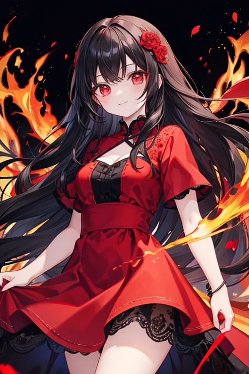 young girl, reddish black hair, bright red eyes, long hair, reddish black dress, beautiful and detailed eyes, flames all around, smiled horribly