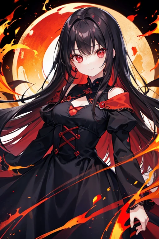 young girl, reddish black hair, bright red eyes, long hair, reddish black dress, beautiful and detailed eyes, flames all around, smiled horribly