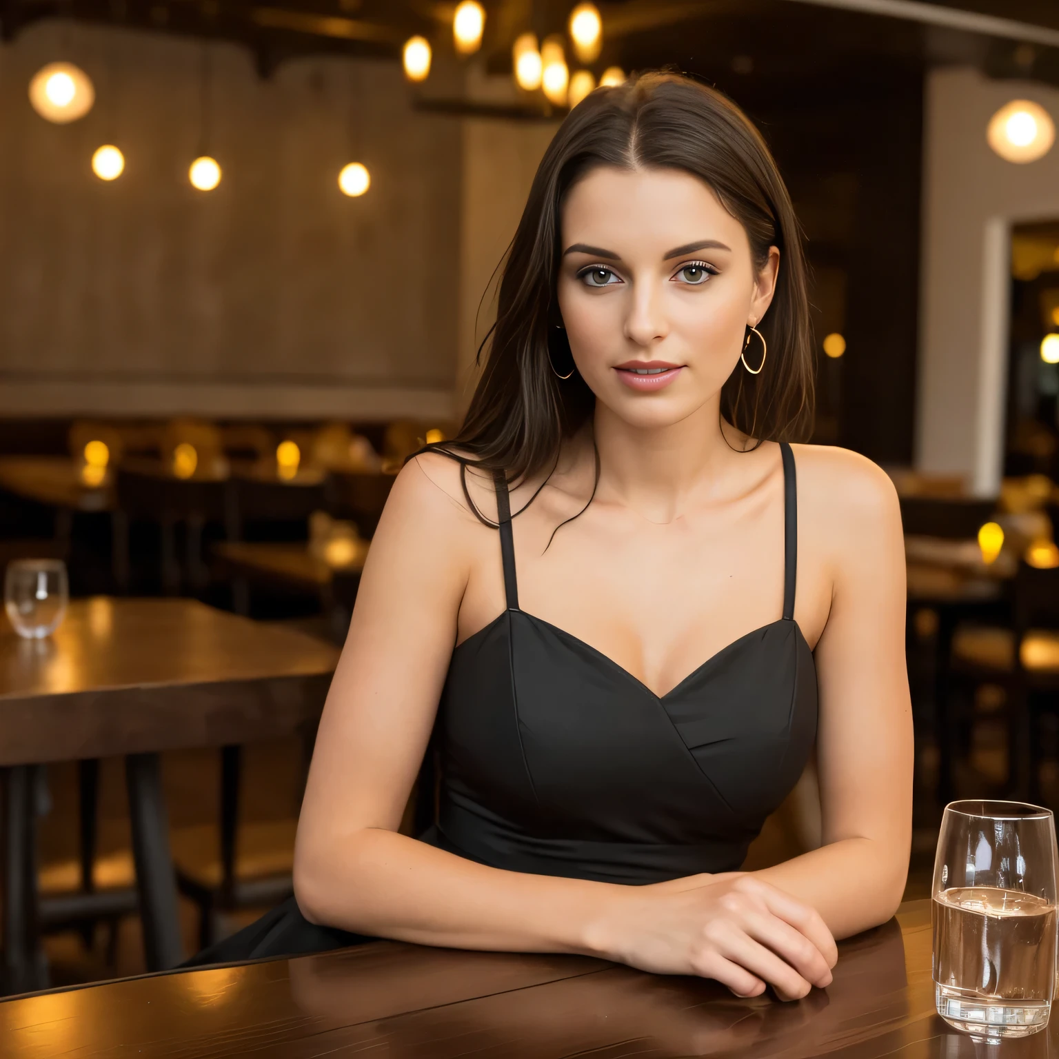 beautiful woman in a black short dress sitting in a table at a restaurant