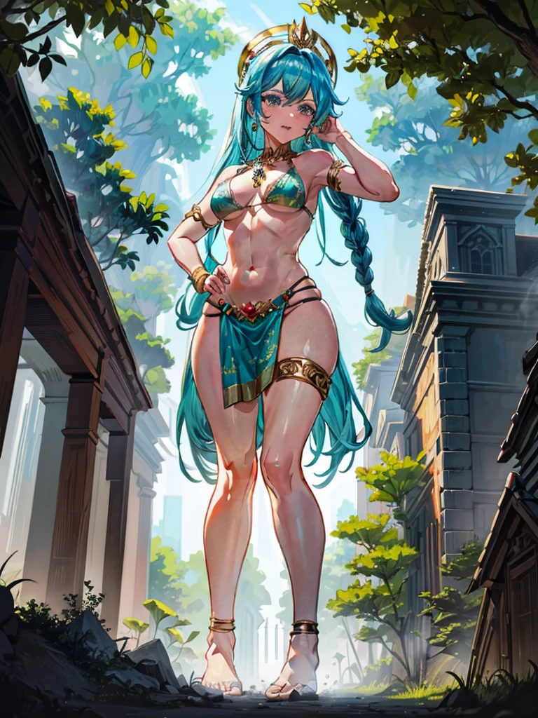 Zara, a gigantic 62-meter Amazon queen, emerges from the dense jungle at dawn, her tanned skin glowing in the light of the rising sun. Her long, braided hair, adorned with exotic flowers, falls over her shoulders and back. Standing in a clearing surrounded by trees, her posture is majestic and seductive, one leg up on a rock, one hand on her hip, the other holding an ornate spear. His eyes, full of determination and desire, gaze at the tiny humans at his feet, fascinated by his imposing figure. Her lips curl into a confident smile, and her muscular, perfectly sculpted body radiates an aura of eroticism and primal power, enveloping all present in a spell of submission and utter admiration.