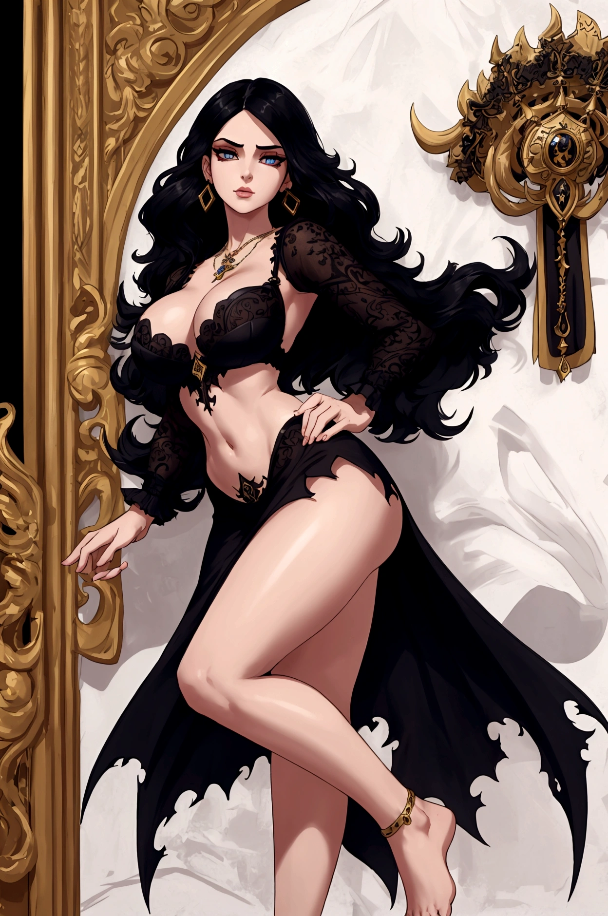 8K, Top Quality, Intricate Details, Ultra Detail, Ultra High Resolution, Masterpiece, full body, Yennefer as Demon Queen, highplatform clogs, dress, jewelery, necklace, earrings, best quality, expressive eyes, perfect face, masterpiece, slim body, very long legs, detailed stomach, epic midriff, detailed hips, detailed legs, carefully drawn toes, carefully drawn feet, carefully drawn hands, best quality, drawn with careful, Dynamic Angle, Highly detailed, seductive