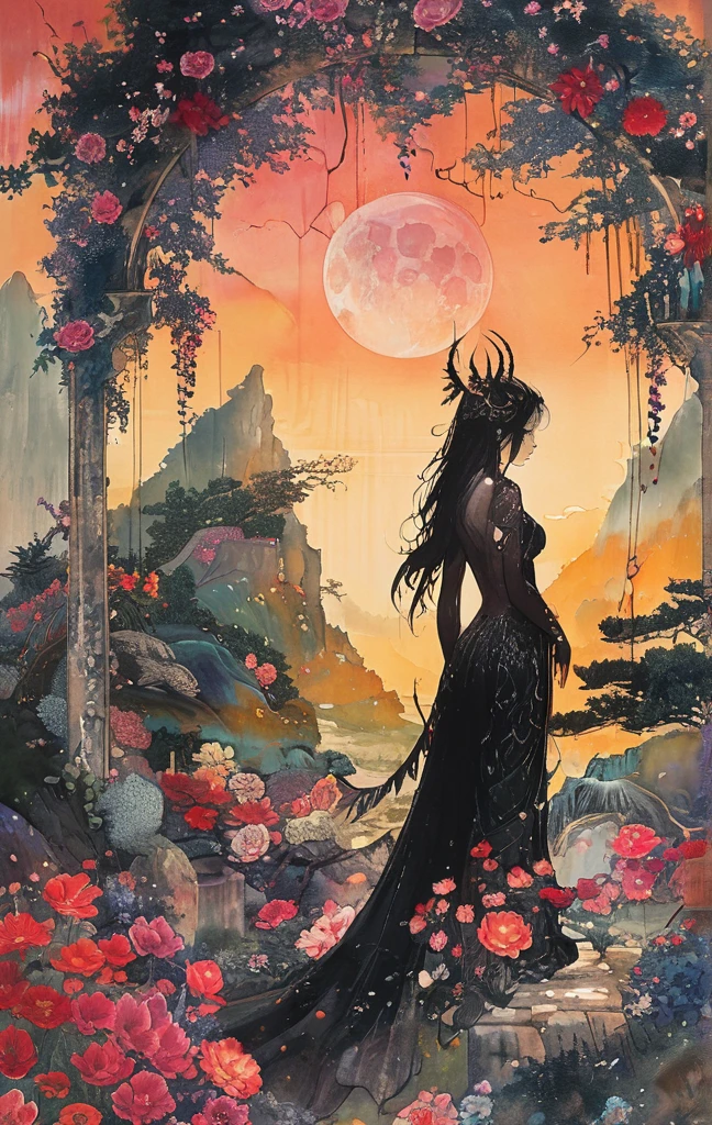 A white dragon lies in the middle of an endless field full of purple flowers, surrounded by snow-capped mountains and a blue sky sparkling with golden sunset rays. The whole scene is filled with a dreamy atmosphere, with vibrant colors and detailed background elements rendered in high resolution and detailed in a top quality illustration style. A girl with black hair and white eyes, dressed in dark , stands next to an anthropomorphic tiger, both looking at the camera. The background is adorned with intricate patterns of flowers and leaves., with a black color scheme, taken from a low angle shot, with high resolution and high detail, a masterpiece 、(Highest quality,4K,8K,High resolution,masterpiece:1.2),Super detailed,(Realistic,photoRealistic,photo-Realistic:1.37),Hot thick succubus mom with long black hair, deep black lips, She wears a revealing black leather outfit with BDSM themes.. Her outfit consists of a seductive bustier, accentuate her voluptuous figure. Her skin is a captivating shade of fiery red, Exudes a devilish charm. A pair of majestic demon wings gracefully grow from her back., Intricately detailed and intricately painted patterns. On her head, She has enchanted tiefling horns, Embodying her other-dimensional existence. The artwork should capture her captivating aura., Showing her confidence and strength. The lighting in the scene should accentuate the seductive curves of her body., Project dramatic shadows and highlights. The color palette should evoke a sense of darkness and desire., Rich black contrast, red, deep chestnut color.