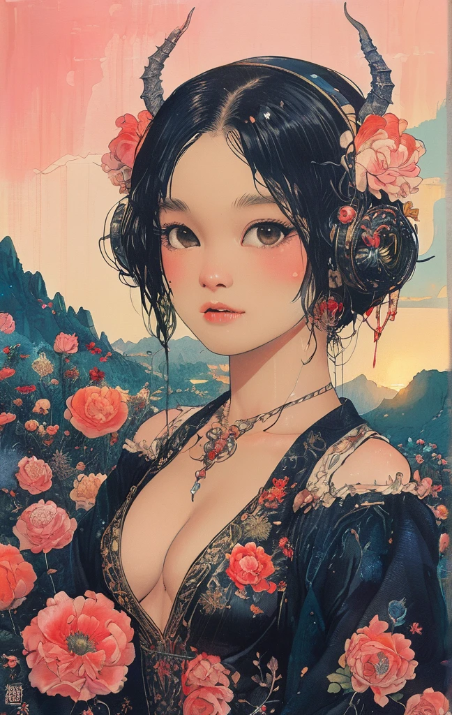 A white dragon lies in the middle of an endless field full of purple flowers, surrounded by snow-capped mountains and a blue sky sparkling with golden sunset rays. The whole scene is filled with a dreamy atmosphere, with vibrant colors and detailed background elements rendered in high resolution and detailed in a top quality illustration style. A girl with black hair and white eyes, dressed in dark , stands next to an anthropomorphic tiger, both looking at the camera. The background is adorned with intricate patterns of flowers and leaves., with a black color scheme, taken from a low angle shot, with high resolution and high detail, a masterpiece 、(Highest quality,4K,8K,High resolution,masterpiece:1.2),Super detailed,(Realistic,photoRealistic,photo-Realistic:1.37),Hot thick succubus mom with long black hair, deep black lips, She wears a revealing black leather outfit with BDSM themes.. Her outfit consists of a seductive bustier, accentuate her voluptuous figure. Her skin is a captivating shade of fiery red, Exudes a devilish charm. A pair of majestic demon wings gracefully grow from her back., Intricately detailed and intricately painted patterns. On her head, She has enchanted tiefling horns, Embodying her other-dimensional existence. The artwork should capture her captivating aura., Showing her confidence and strength. The lighting in the scene should accentuate the seductive curves of her body., Project dramatic shadows and highlights. The color palette should evoke a sense of darkness and desire., Rich black contrast, red, deep chestnut color.
