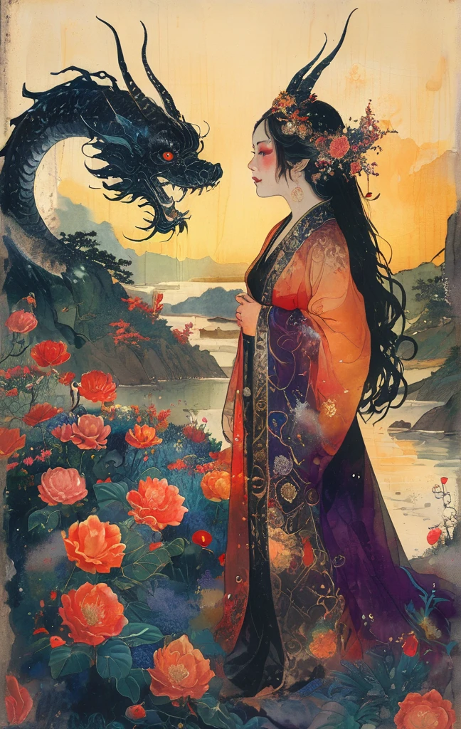 A white dragon lies in the middle of an endless field full of purple flowers, surrounded by snow-capped mountains and a blue sky sparkling with golden sunset rays. The whole scene is filled with a dreamy atmosphere, with vibrant colors and detailed background elements rendered in high resolution and detailed in a top quality illustration style. A girl with black hair and white eyes, dressed in dark , stands next to an anthropomorphic tiger, both looking at the camera. The background is adorned with intricate patterns of flowers and leaves., with a black color scheme, taken from a low angle shot, with high resolution and high detail, a masterpiece 、(Highest quality,4K,8K,High resolution,masterpiece:1.2),Super detailed,(Realistic,photoRealistic,photo-Realistic:1.37),Hot thick succubus mom with long black hair, deep black lips, She wears a revealing black leather outfit with BDSM themes.. Her outfit consists of a seductive bustier, accentuate her voluptuous figure. Her skin is a captivating shade of fiery red, Exudes a devilish charm. A pair of majestic demon wings gracefully grow from her back., Intricately detailed and intricately painted patterns. On her head, She has enchanted tiefling horns, Embodying her other-dimensional existence. The artwork should capture her captivating aura., Showing her confidence and strength. The lighting in the scene should accentuate the seductive curves of her body., Project dramatic shadows and highlights. The color palette should evoke a sense of darkness and desire., Rich black contrast, red, deep chestnut color.