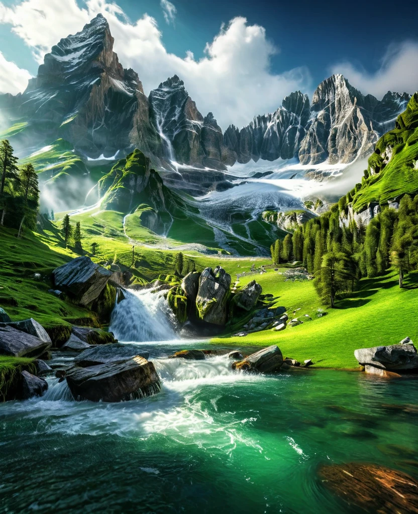 Cinematic landscape, epic alpine mountains, imposing snow-capped peaks, dramatic rocky cliffs, Cascading waterfall, lush green forests, serene lake, Inspiring view, Fantasy world, digitl art, highy detailed, photorrealistic, 8K, hdr, cinematic lighting, dramatic shadows, atmospheric fog, Ethereal humor, work of art 