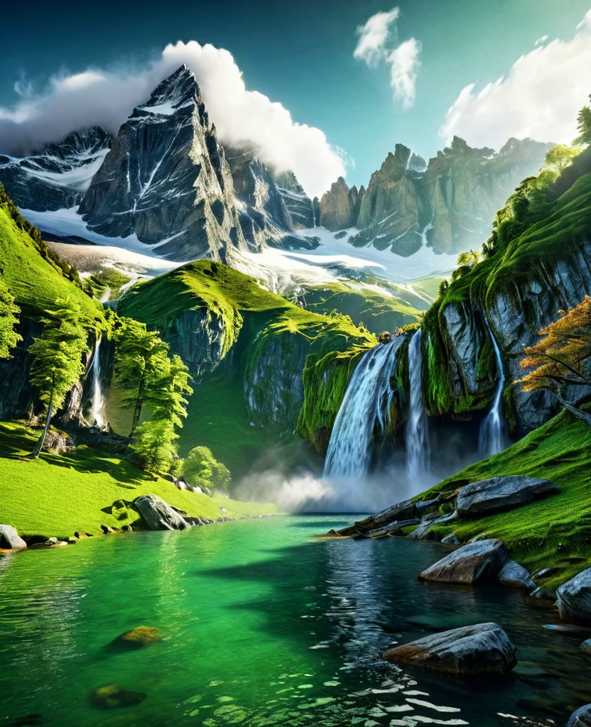 Cinematic landscape, epic alpine mountains, imposing snow-capped peaks, dramatic rocky cliffs, Cascading waterfall, lush green forests, serene lake, Inspiring view, Fantasy world, digitl art, highy detailed, photorrealistic, 8K, hdr, cinematic lighting, dramatic shadows, atmospheric fog, Ethereal humor, work of art 