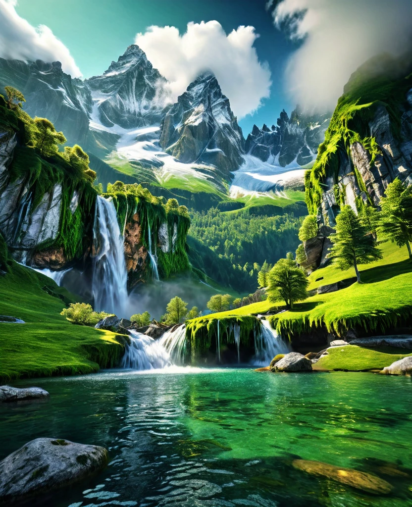 Cinematic landscape, epic alpine mountains, imposing snow-capped peaks, dramatic rocky cliffs, Cascading waterfall, lush green forests, serene lake, Inspiring view, Fantasy world, digitl art, highy detailed, photorrealistic, 8K, hdr, cinematic lighting, dramatic shadows, atmospheric fog, Ethereal humor, work of art 