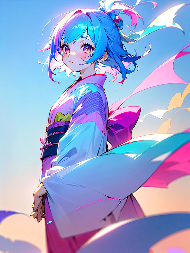 (masterpiece 1:1),(ultra hd picture), (pastel color palette), ((girl 1/girl 2) two Twin anime girls Short hair with different hair colors wearing japanese kimono with different color holding hands each other Love each other pose side by side), (girl 1: hair color pink mix with sky blue color, hair color bink with sky blue gradient , primary hair color:pink, secondary hair color: sky blue, secondary hair color is a accent) ,(girl 1: kimono color blue with yellow accent).(Blue sky pastel hair girl)(girl 2: hair color sky blue mix with pink color, hair color bink with sky blue gradient , primary hair color:sky blue, secondary hair color: pink, secondary hair color is a accent ),(girl 2: kimono color pink with yellow accent). Glowing eyes, HD results, best picture, cinematic angle, lovely expression, cute faces, Detail eyes, (4 fingers), Japan idols stages background.