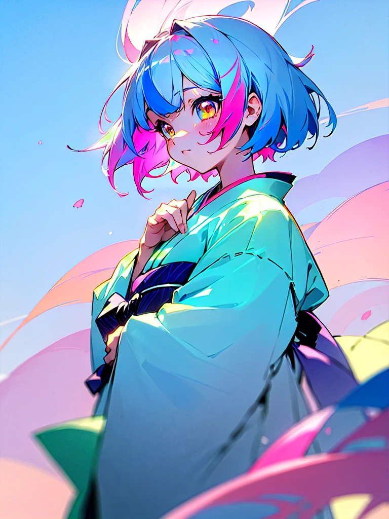 (masterpiece 1:1),(ultra hd picture), (pastel color palette), ((girl 1/girl 2) two Twin anime girls Short hair with different hair colors wearing japanese kimono with different color holding hands each other Love each other pose side by side), (girl 1: hair color pink mix with sky blue color, hair color bink with sky blue gradient , primary hair color:pink, secondary hair color: sky blue, secondary hair color is a accent) ,(girl 1: kimono color blue with yellow accent).(Blue sky pastel hair girl)(girl 2: hair color sky blue mix with pink color, hair color bink with sky blue gradient , primary hair color:sky blue, secondary hair color: pink, secondary hair color is a accent ),(girl 2: kimono color pink with yellow accent). Glowing eyes, HD results, best picture, cinematic angle, lovely expression, cute faces, Detail eyes, (4 fingers), Japan idols stages background.