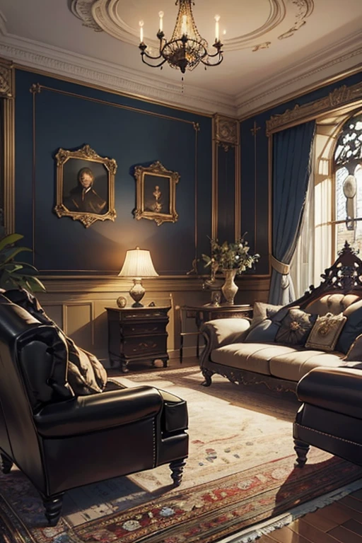 Interior, victorian Manor with reliquies, (((Nigth))), (((moonligth enters the living room))) soft pale orange palette, soft violet secundary exterior ligth