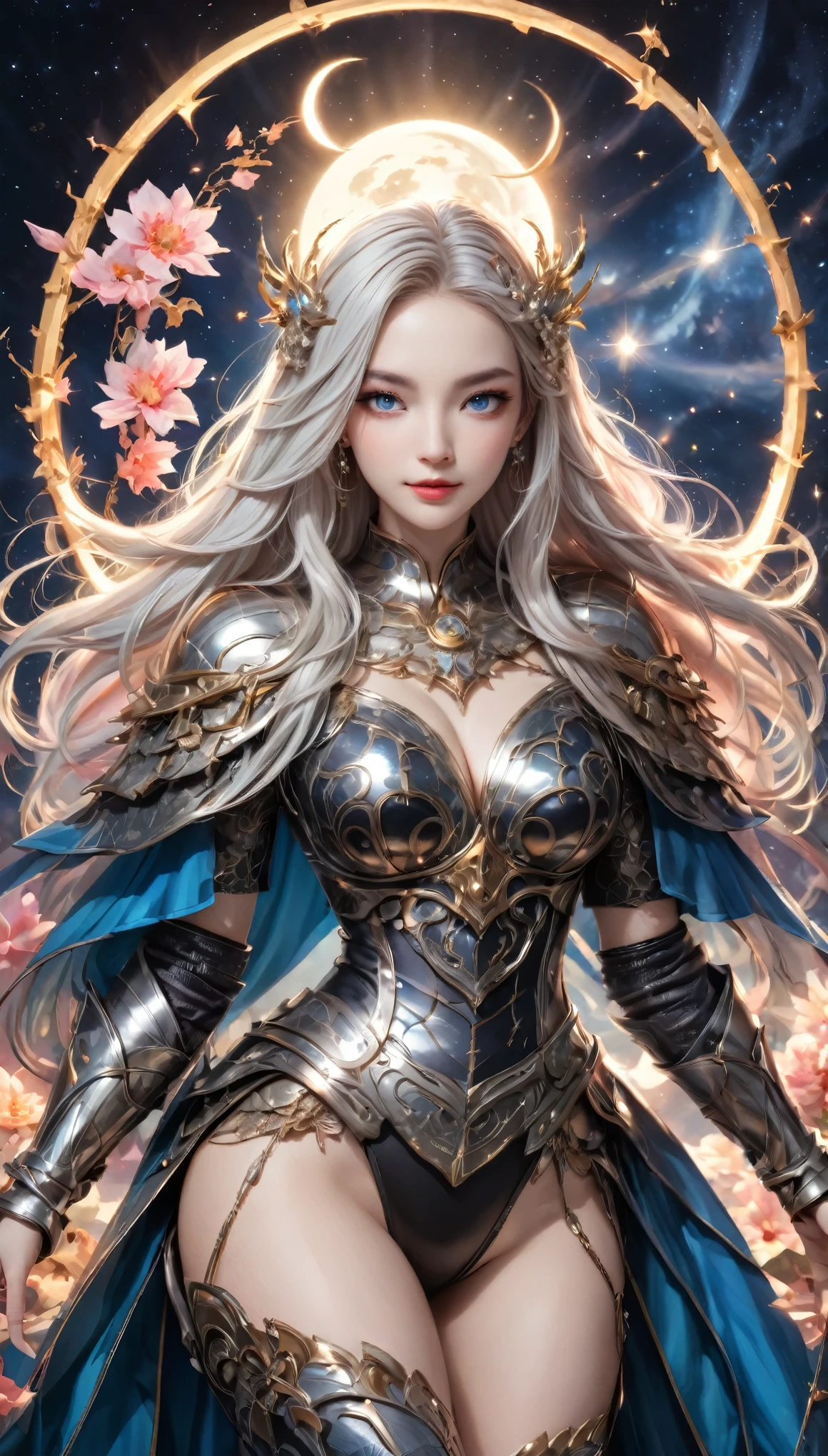 8K resolution, masterpiece, Highest quality, Award-winning works, unrealistic, From above, erotic, sole sexy lady, healthy shaped body, Anatomically accurate skeleton, 22 years old, dragon knight, 170cm tall, huge firm bouncing busts,, white silver long wavy hair, Detailed facial depictions, Break, Mysterious blue eyes, Standard nose, Eyeliner, pink lips, sexy long legs, Transparent and shiny skin, holy dragon knight, Gothic ruffle sexy armor, Complex structure of armors, Seven-colored colorful armor, Clothed in flames, royal coat of arms, elegant, Very detailed, Delicate depiction of hair, miniature painting, Digital Painting, artステーション, コンセプトart, Smooth, Sharp focus, shape, artジャム、Greg Rutkowski、Alphonse Mucha、William Adolphe Bouguereau、art:Stephanie Law , Royal Jewel, nature, Symmetric, Greg Rutkowski, Charlie Bowwater, Unreal, Surreal, Dynamic Lighting, ファンタジーart, Complex colors, Buddhist Mandala, Colorful magic circle, flash, dynamic sexy poses, A kind smile, Mysterious Background, Aura, A gentle gaze, BREAK, Small faint lights and flying fireflies, night, lanthanum, 山の頂From above下界を見下ろす, Starry Sky, milky way, nebula, shooting star, Flowers, birds, wind and moon, (Back view, Looking back towards the camera:1.3), chant healing magic, A pillar of light stretching to the sky, Laser beam, Climb the stairs to heaven