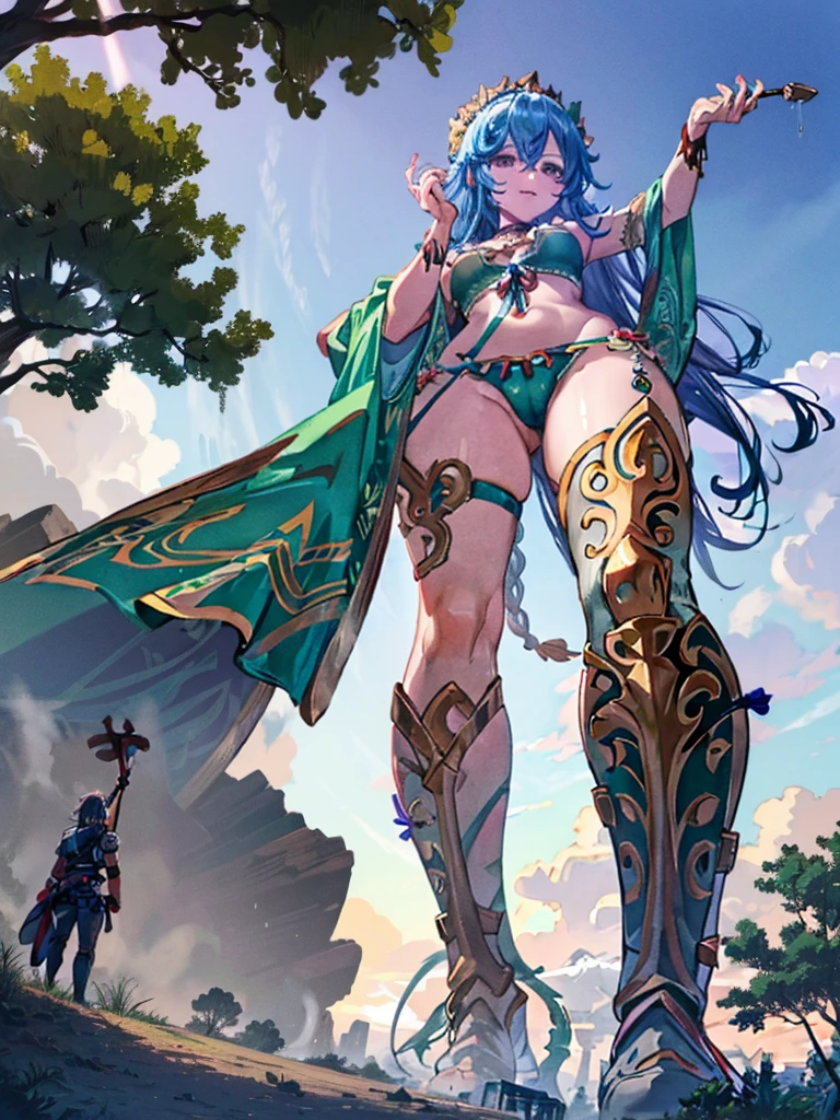 Zara, a gigantic 62-meter Amazon queen, emerges from the dense jungle at dawn, her tanned skin glowing in the light of the rising sun. Her long, braided hair, adorned with exotic flowers, falls over her shoulders and back. Standing in a clearing surrounded by trees, her posture is majestic and seductive, one leg up on a rock, one hand on her hip, the other holding an ornate spear. His eyes, full of determination and desire, gaze at the tiny humans at his feet, fascinated by his imposing figure. Her lips curl into a confident smile, and her muscular, perfectly sculpted body radiates an aura of eroticism and primal power, enveloping all present in a spell of submission and utter admiration.