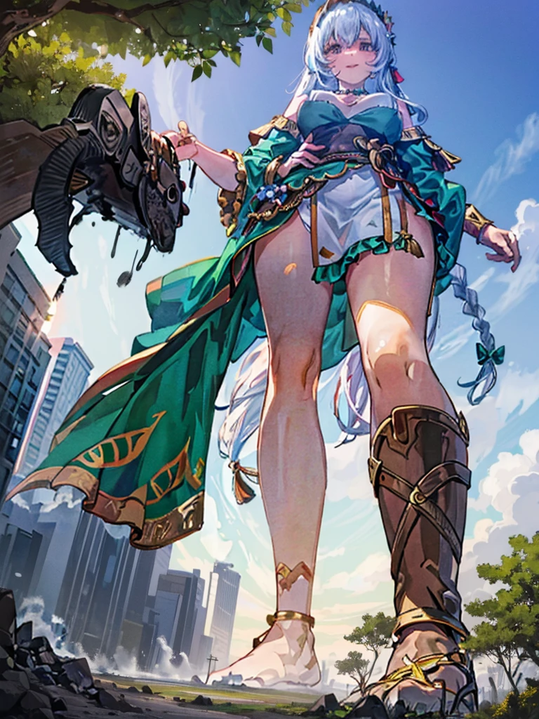 Zara, a gigantic 62-meter Amazon queen, emerges from the dense jungle at dawn, her tanned skin glowing in the light of the rising sun. Her long, braided hair, adorned with exotic flowers, falls over her shoulders and back. Standing in a clearing surrounded by trees, her posture is majestic and seductive, one leg up on a rock, one hand on her hip, the other holding an ornate spear. His eyes, full of determination and desire, gaze at the tiny humans at his feet, fascinated by his imposing figure. Her lips curl into a confident smile, and her muscular, perfectly sculpted body radiates an aura of eroticism and primal power, enveloping all present in a spell of submission and utter admiration.
