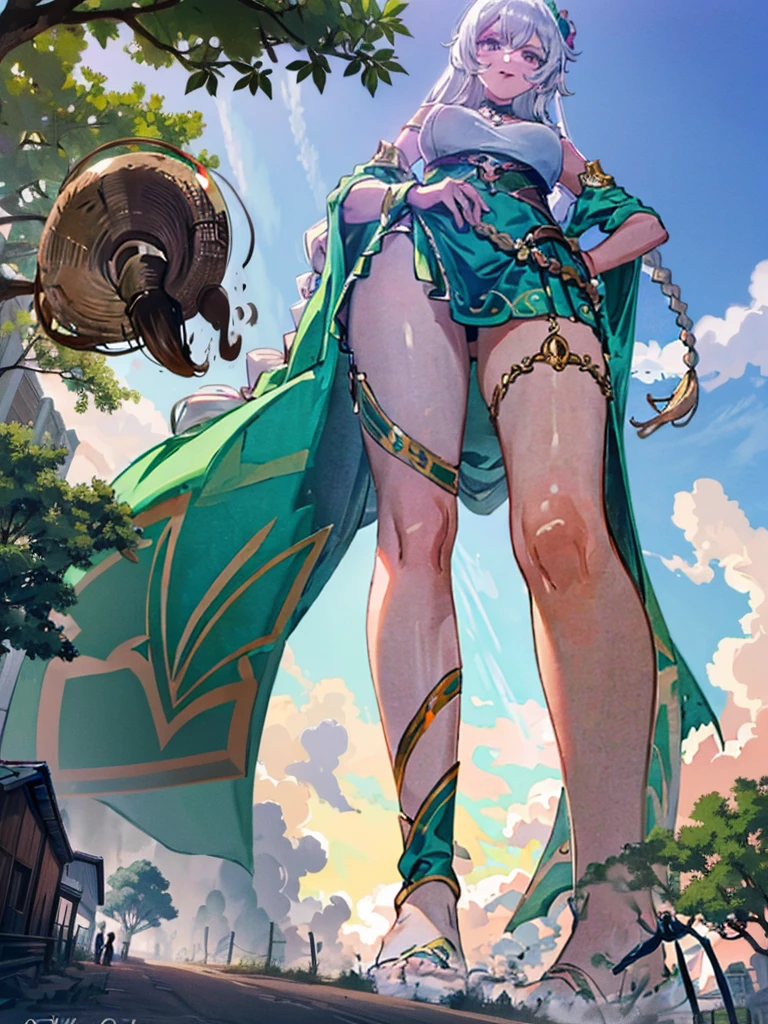 Zara, a gigantic 62-meter Amazon queen, emerges from the dense jungle at dawn, her tanned skin glowing in the light of the rising sun. Her long, braided hair, adorned with exotic flowers, falls over her shoulders and back. Standing in a clearing surrounded by trees, her posture is majestic and seductive, one leg up on a rock, one hand on her hip, the other holding an ornate spear. His eyes, full of determination and desire, gaze at the tiny humans at his feet, fascinated by his imposing figure. Her lips curl into a confident smile, and her muscular, perfectly sculpted body radiates an aura of eroticism and primal power, enveloping all present in a spell of submission and utter admiration.