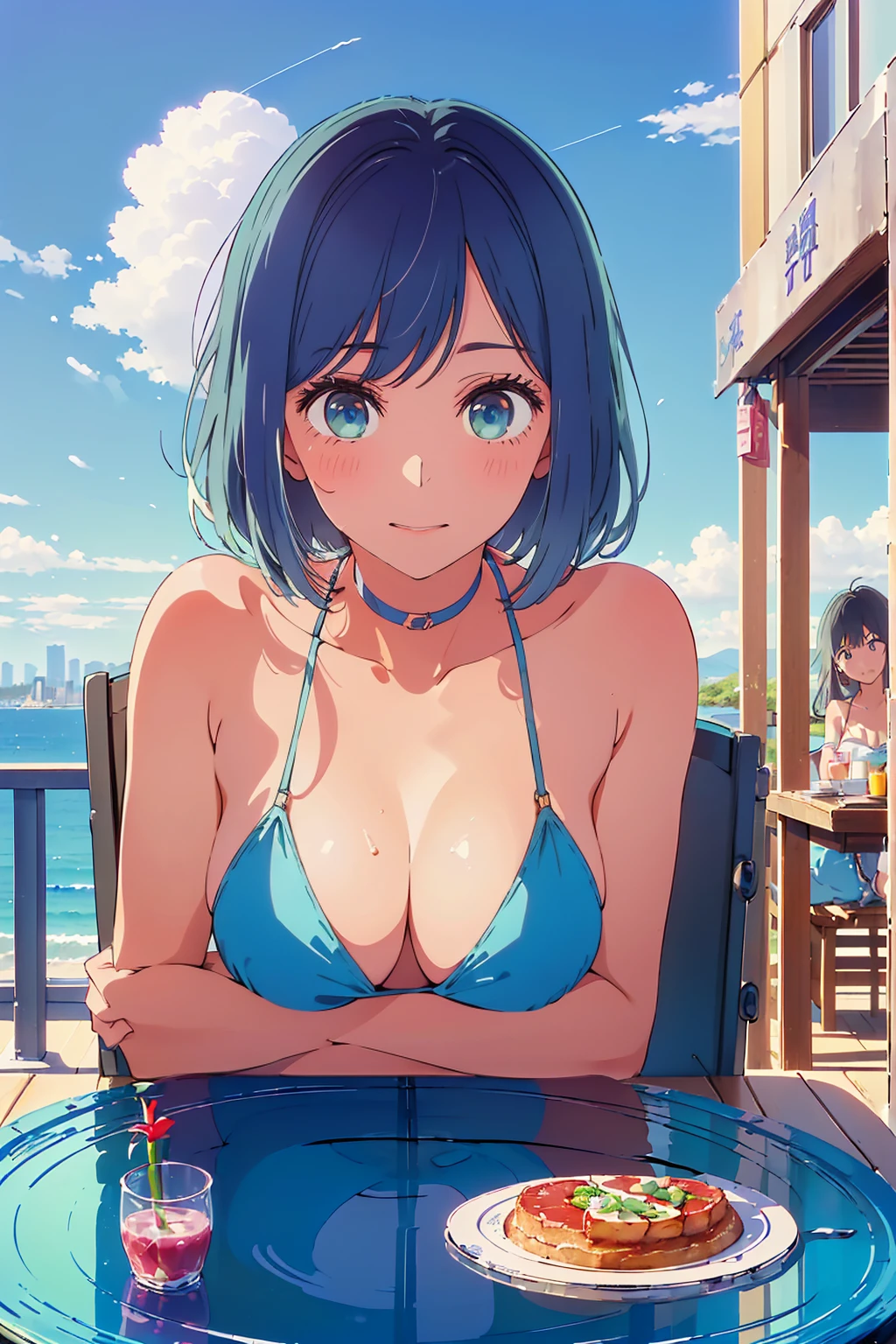 (Highest quality:1.4、masterpiece:1.4、Super detailed:1.4、Ultra-high resolution:1.4、8K:1.4)、F cup bust、Big Breasts、Slim body、((((1 person、Surprised expression、sit、Chair、In the background are the urban buildings of Tokyo、looking at the camera、Outdoor café terrace、coastal、juice、Shooting up close、table、Very cute face))))、(Cheek resting on hand:1.4)、((nude、very beautiful areola))、bikini、Very blue sky、A completely cloudless sky