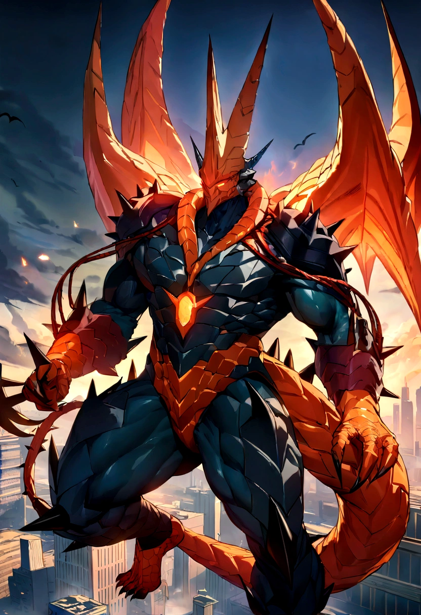 Kaiju form of a man, Masterpiece, Best quality, 8K, Detailed skin texture, obsidian-like plates that overlap like armor reptilian head, obsidian spikes running from the forehead to the back of the neck. Four glowing amber eyes, arms with massive claws and blades, feet have three large, taloned toes, A long, whip-like tail ending in a mace-like cluster of obsidian spike, orange lines and aura in between armor. HD. city background destroyed. ultra HD, masterpiece, 4k, 8k
