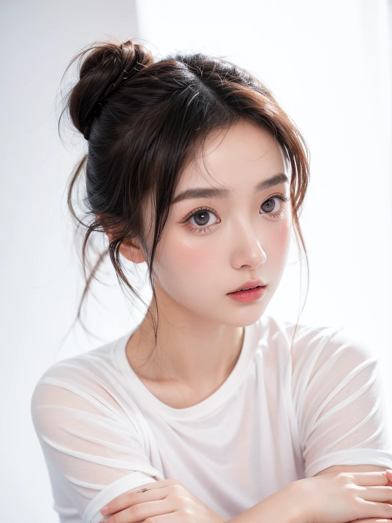 masterpiece,Best picture quality,Extreme details,Ultra-high resolution,Ultra-high definition,Beautiful young people,Glowing skin,thin,Black Hair,Half bun,1,big eyes,beautiful eyes,Lipstick,Exquisite facial features,Medium shot,Looking at the viewer, t-shirt,Single tone background,White background,Soft light