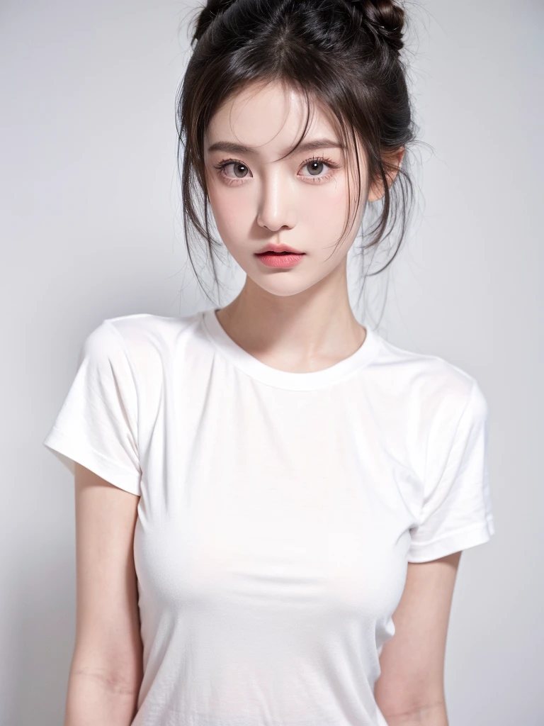 masterpiece,Best picture quality,Extreme details,Ultra-high resolution,Ultra-high definition,Beautiful young people,Glowing skin,thin,Black Hair,Half bun,1,big eyes,beautiful eyes,Lipstick,Exquisite facial features,Medium shot,Looking at the viewer, t-shirt,Single tone background,White background,Soft light