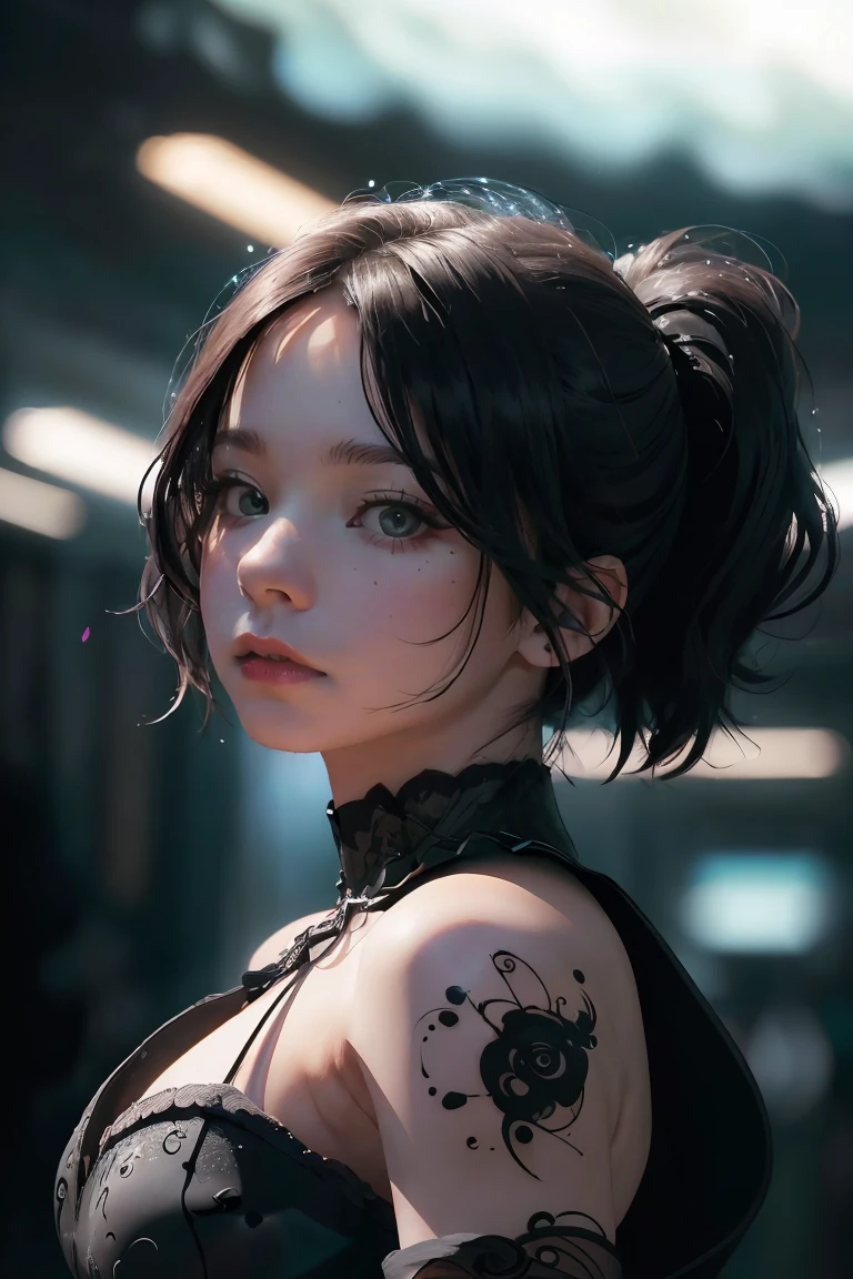 ((masterpiece, best quality)), ultra detailed 8k, photorealistic, sharp focus, highly detailed, professional lighting , shadowmancer, photo of a woman, ink particle, ((swirling black ink floating around)), futuristic fantasy, futuristic black dress, dynamic pose, realistic, masterpiece, intricate details, detailed background, depth of field,
