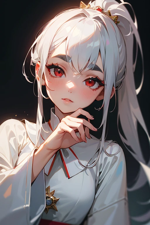 (Highest quality, masterpiece:1.2), High resolution, Very detailed, Realistic:1.37, Fantasy, An illustration, Hair is whiteいです、Red eyes、Queen, White Dress.Platinum decoration、Beautifully successful、Eyeshadow Red、Thick eyebrows、Long eyelashes、pupils are black、Hair is whiteい、Kissing Face、Embarrassing、loved、ponytail、Hair is white、The face remains the same、