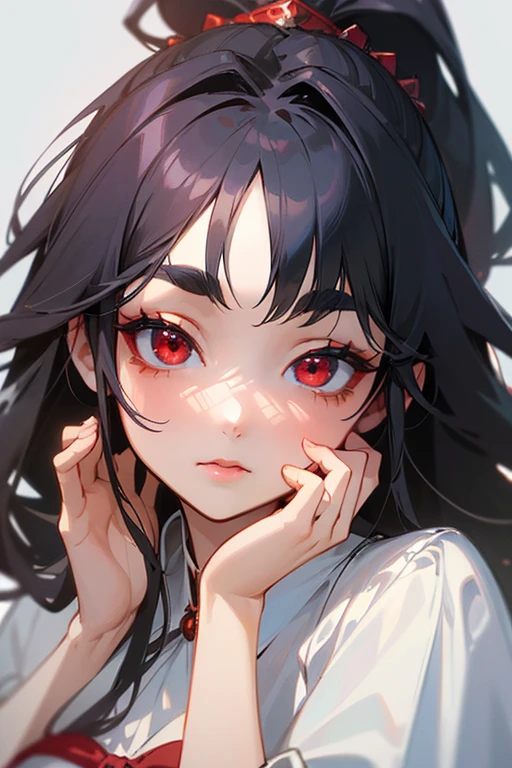 (Highest quality, masterpiece:1.2), High resolution, Very detailed, Realistic:1.37, Fantasy, An illustration, Hair is whiteいです、Red eyes、Queen, White Dress.Platinum decoration、Beautifully successful、Eyeshadow Red、Thick eyebrows、Long eyelashes、pupils are black、Hair is whiteい、Kissing Face、Embarrassing、loved、ponytail、Hair is white、The face remains the same、