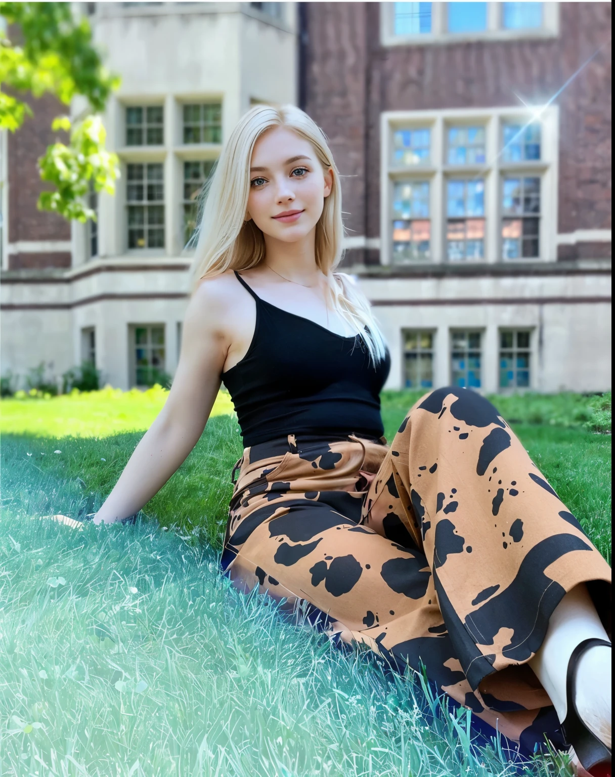 a one woman, americana, age 25, pale skin and freckles, grey-eyed, delicate nose, soft and delicate lips, distant, cabelo blondie distant e ondulado na altura da cintura, Sweet smile, face with delicate feminine facial features, Highly Rendering