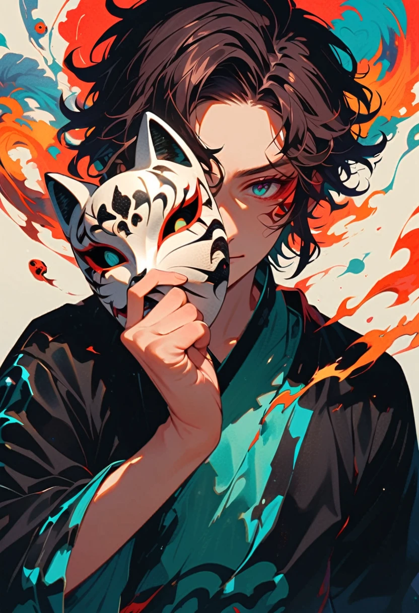 style2,solo,1boy,holding a mask, tanjiro kamado