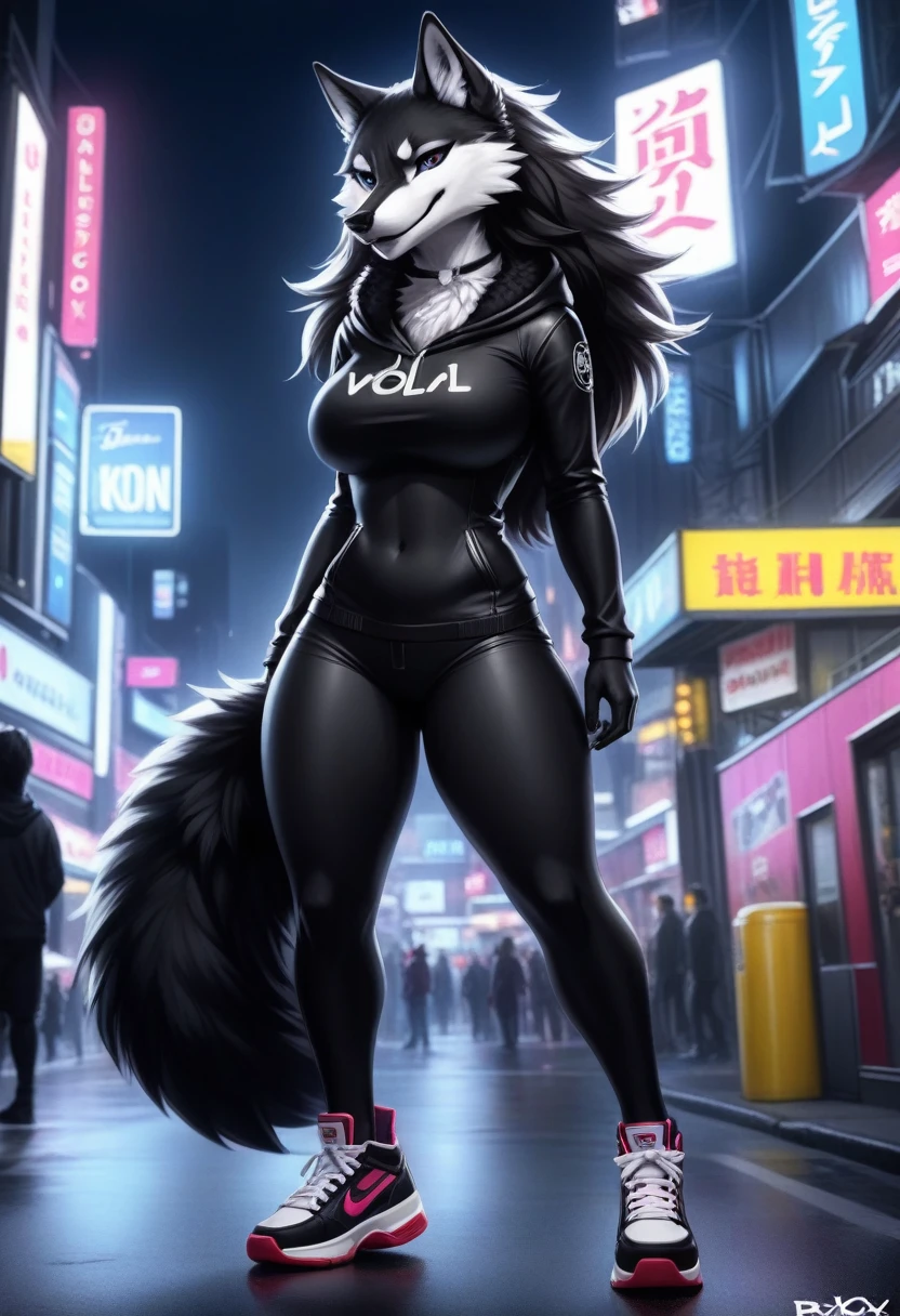  (8K, Masterpiece, high resolution, super fine illustration:1.3), (cool, beautiful, mannish:1.5), (fluffy:1.25), perfect anatomy, detailed background, (solo, black fur, 1 female wolf kemono:1.5), large city, downtown, (hotpants, hoodie:1.25), (tall:1.25), (thicc:1.25)