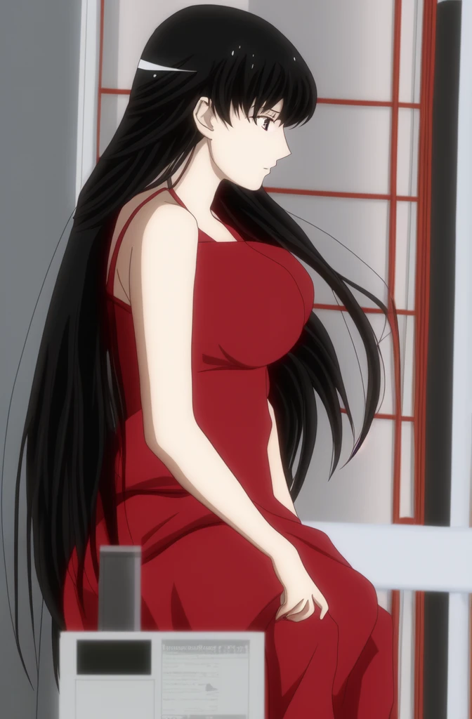 black haired woman with long hair and a red bra top, lorena avarez, 18 years old, profile image, profile pic, very pretty, grainy low quality, taken in the early 2020s, 1 8 yo, blurry, anime