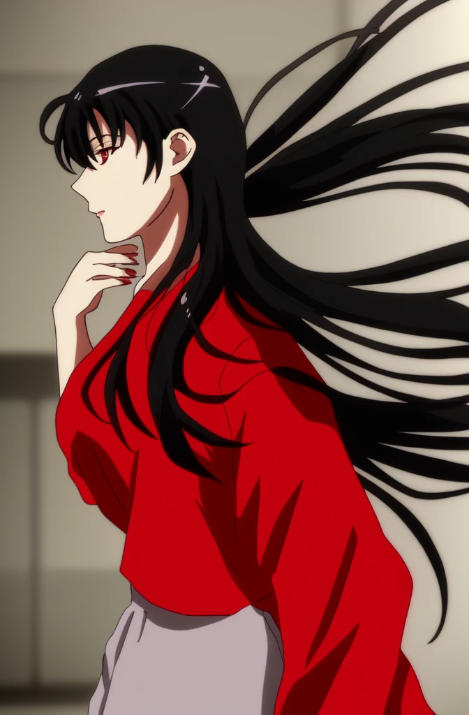 black haired woman with long hair and a red bra top, lorena avarez, 18 years old, profile image, profile pic, very pretty, grainy low quality, taken in the early 2020s, 1 8 yo, blurry, anime