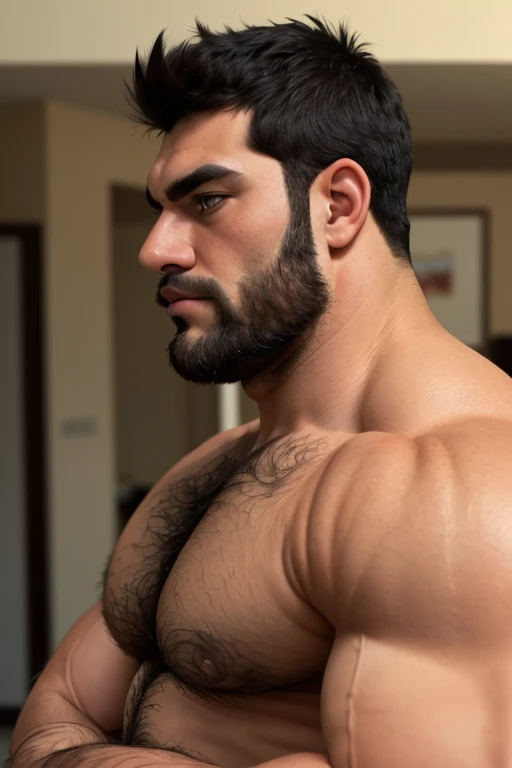 extremely muscular man, short black hair, huge muscular oversized pecs, brown eyes, big beefy arms, NSFW, hairy muscular body, stubble, wide shot, from side