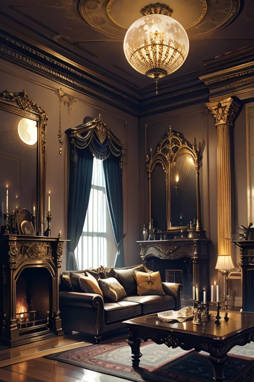 Interior, victorian Manor with reliquies, (((Nigth))), (((moonligth enters the living room)))