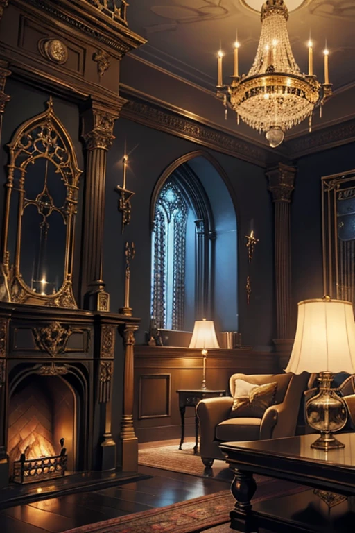 Interior, victorian Manor with reliquies, (((Nigth))), (((moonligth enters the living room)))