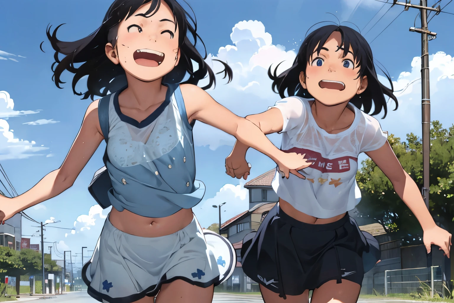 Girls walking down the street holding hands、-yeld gi、Pure girl、Cute smile、Sparkling Eyes、Healthy Skin、Large park、Summer sun、White cloud、Blue sky、(fullbody shot)、Cleavage、Detailed Hair、Tank top and shorts、Small breasts、slender、Looking up、Hair blowing in the wind、Dynamic pose、very loud laugh、My skirt is flying up in the wind、after the rain、My whole body is wet、Wet body、Blushed cheeks、Sweaty face、Lots of sweat、Her belly button is visible