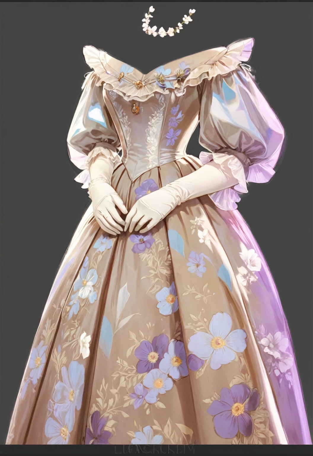 beautiful illustration, ultra-detailed, masterpiece, anime style,  victorian era, victorian style, victorian dress, dress with flowers printed, silk dress, white gloves, 