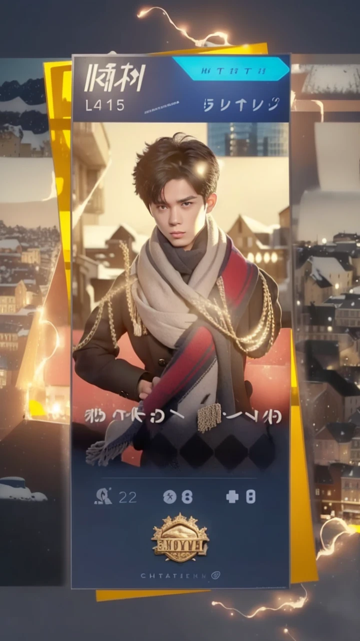 best quality, masterpiece, (photorealistic:1.4), 1boy, solo, short hair, big eyes, black coat,scarf, jeans, full body, dramatic lighting, cowboy shot, looking at viewer, standing, outdoors, snow, cityscape, streets, buildings,