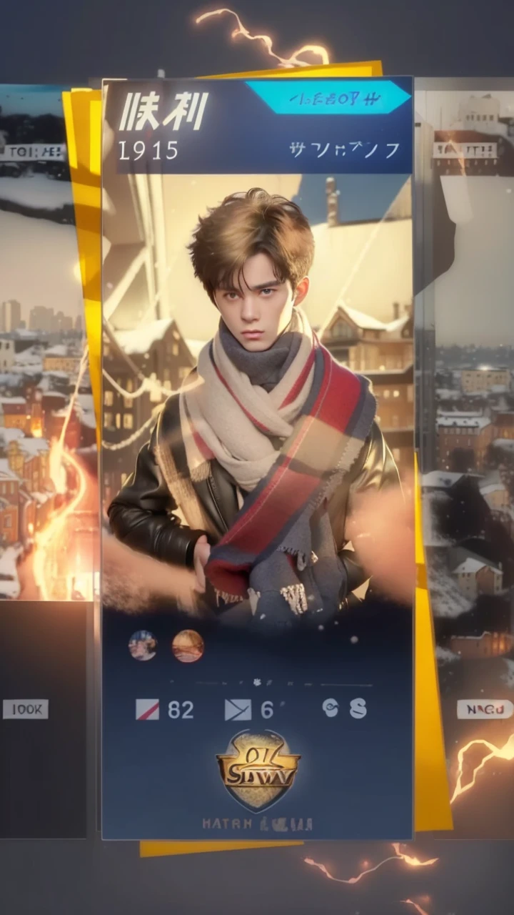 best quality, masterpiece, (photorealistic:1.4), 1boy, solo, short hair, big eyes, black coat,scarf, jeans,   full body, dramatic lighting, cowboy shot, looking at viewer, standing, outdoors, snow, cityscape, streets, buildings,