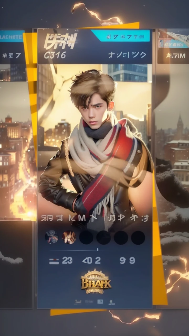 best quality, masterpiece, (photorealistic:1.4), 1boy, solo, short hair, big eyes, black coat,scarf, jeans, full body, dramatic lighting, cowboy shot, looking at viewer, standing, outdoors, snow, cityscape, streets, buildings,