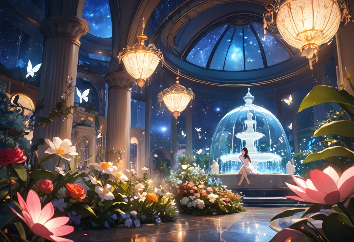((Highest quality)),((high-res)),night, Starry Sky, A magical indoor garden, dome, Sparkling water fountain, Lots of flowers, Glowing Butterfly, The background is a garden with petals and papas flying around.sitting