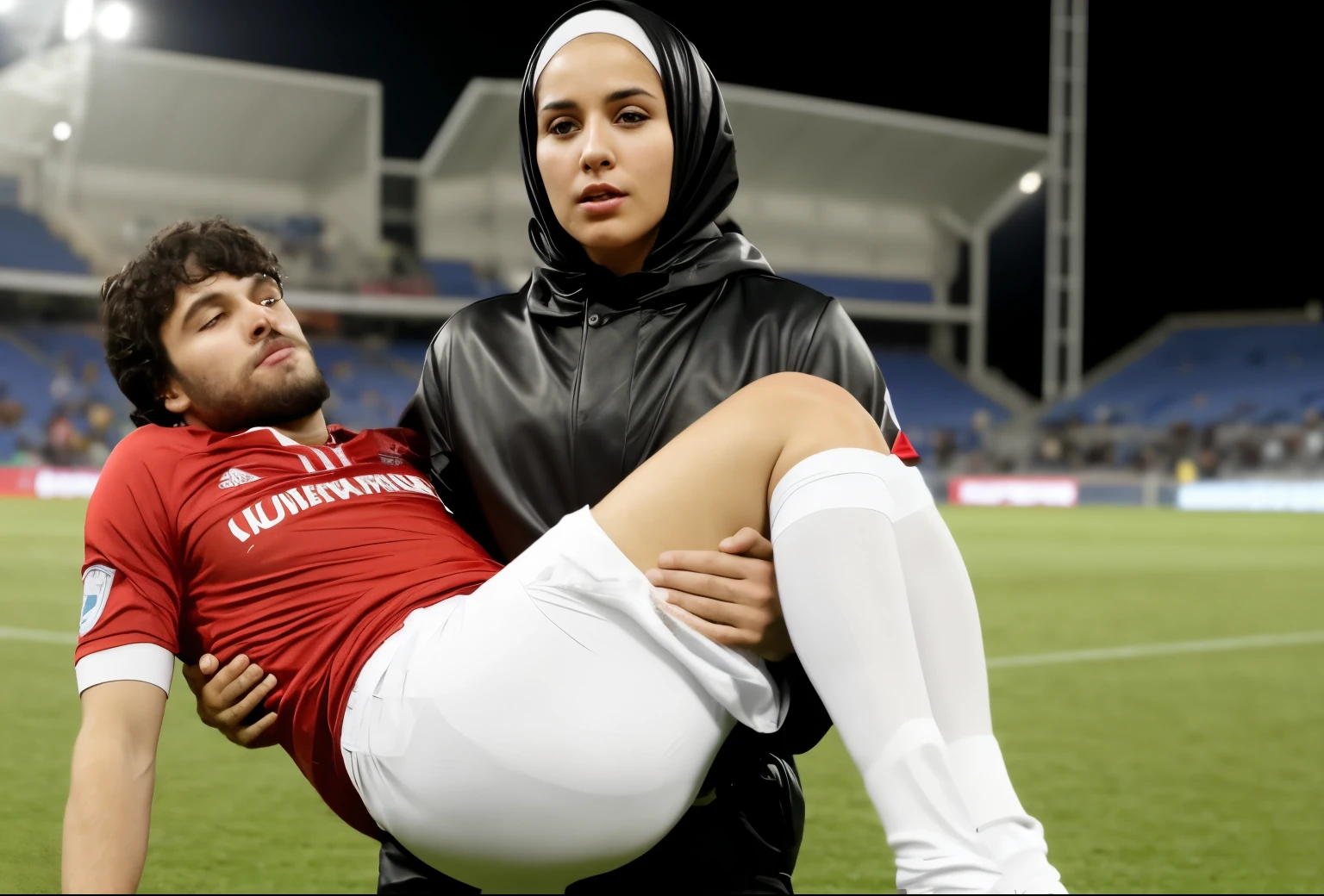 a passed out bearded man, a fainted bearded man, a consciousless bearded man, a muslim woman and a bearded man, muslima carries the wounded man's body in her hands, muslima grabs his legs and his body with her hands, the bearded man in muslima's arms is visibly in pain, stadium atmosphere, the bearded man is lying consciousless in Andrea's arms with one arm hanging down, A scene at a soccer stadium, a bearded man lying in a caring women's arms, lying helpless in her arms with his head dangling down, he has one arm dangling down while being carried in the women's arms, There is an attractive and heavily made-up woman in a long black leather coat, A pretty woman in a shiny black leather coat on a soccer field, A wonderful woman is holding a passed out man, A man in matt and roughened sportswear is held diagonal in her arms, a man in a woman's arms and lets one arm dangling down, we see the man held in front of the woman's body, the man is cradled in the woman's arm while being carried, the beautiful woman is exceptionally heavily made up and has an extremely desperate and very angry expression on her face, high-resolution photo, realistic sports photo, soccer scene, woman in black shiny long leather coat, injury scene, real photo, ultra realistic, high definition, sports photography