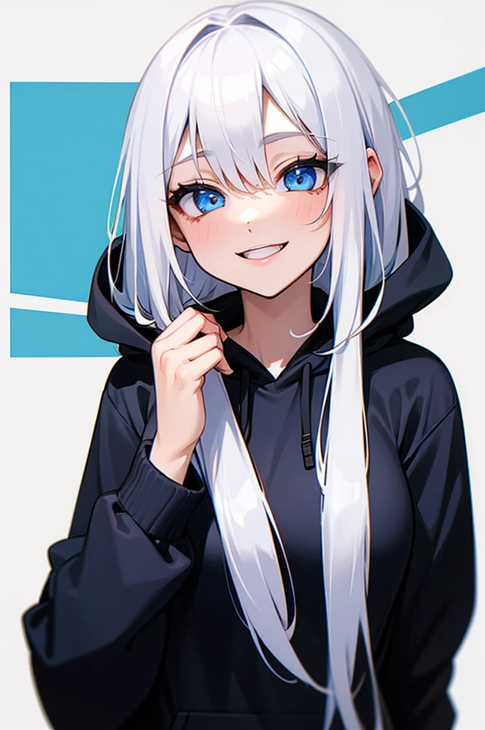 1 Girl, white hair, blue eyes, wearing black hoodie, on person, happy face