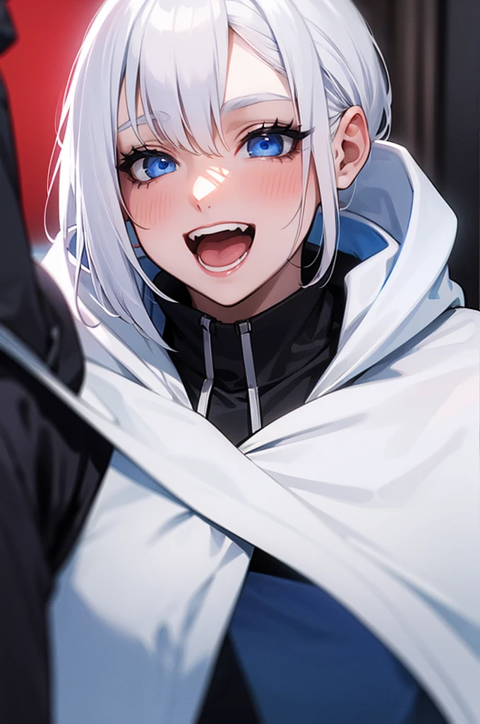 1 Girl, white hair, blue eyes, wearing black hoodie, on person, happy face