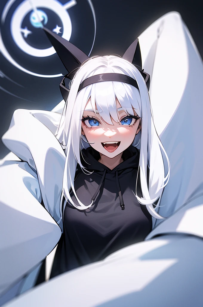 1girl, Shiroko Terror (Blue Archive), masterpiece, best quality, woman, excited, neutral, standing, looking at viewer, long hair, ahoge, silver hair, blue eyes, tsurime, pale skin, beautiful breasts, voluptuous, underwear, blush, with wolf ears, white background, no background, hard-edged, cowboy shot, dynamic angle, from above, dutch angle shot, golden ratio