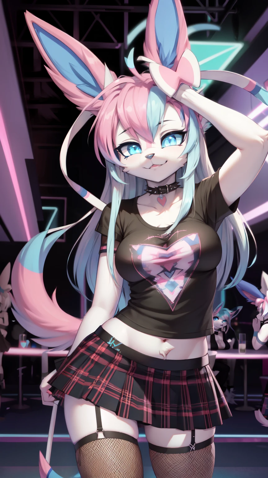 best quality,best resolution,(fluffy anthro furry :1.3),Sylveon,cyan eyes,glowing eyes,neon eyes,glistering eyes,medium breasts,(party club),eye close,looking at viewer,front view,Sylveon,teenager (18 years old),(neon lights,party rave),long hair,(punk),plaid skirt,fishnets,black t-shirt,choker,multicolored hair,(bent over)