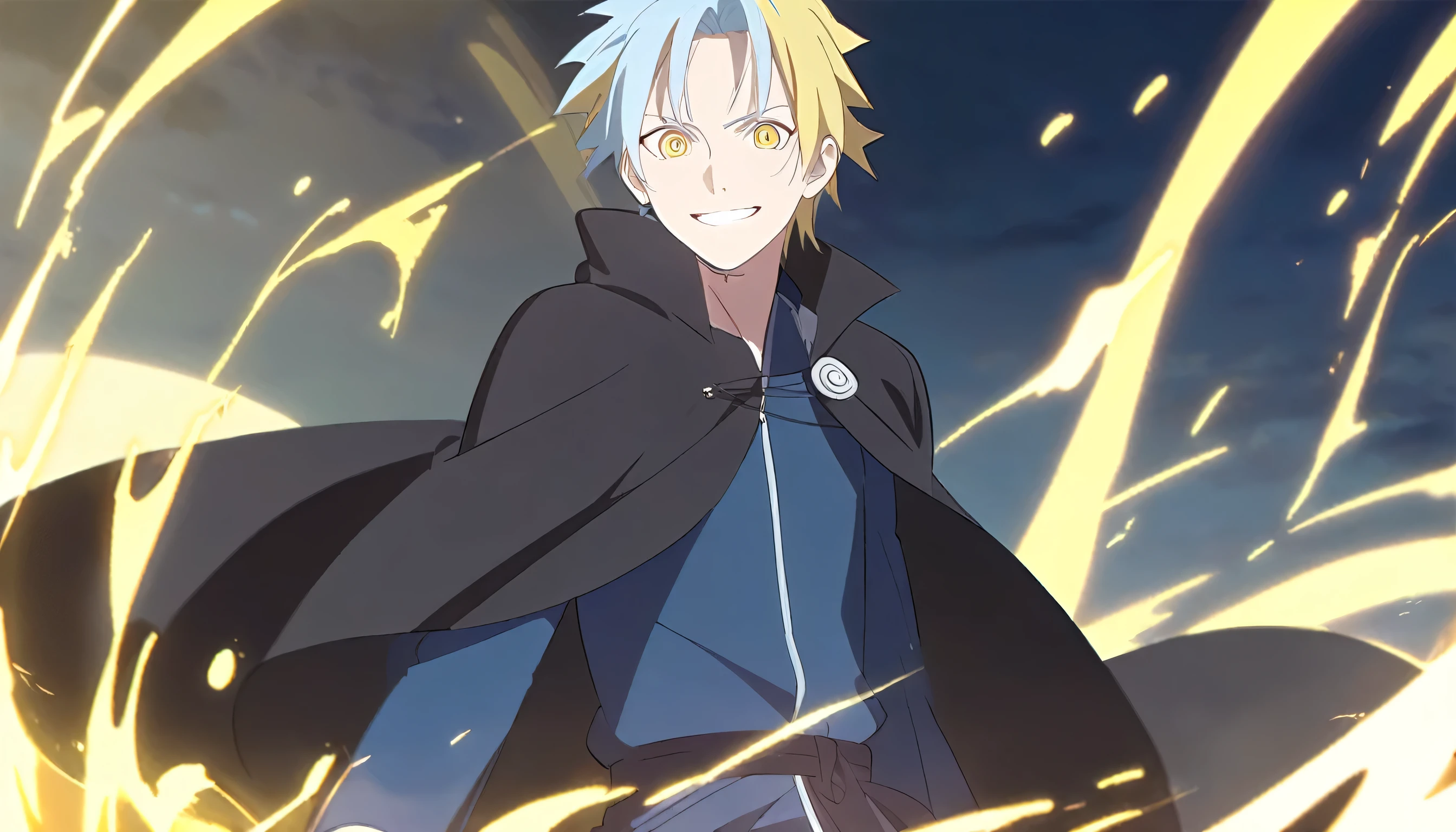 1Male,Yellow Hair,light blue multicolored hair,yellow eyes,Blue Outfits,black cloak,smiles,Anime Style,Rimuru style,Naruto Style