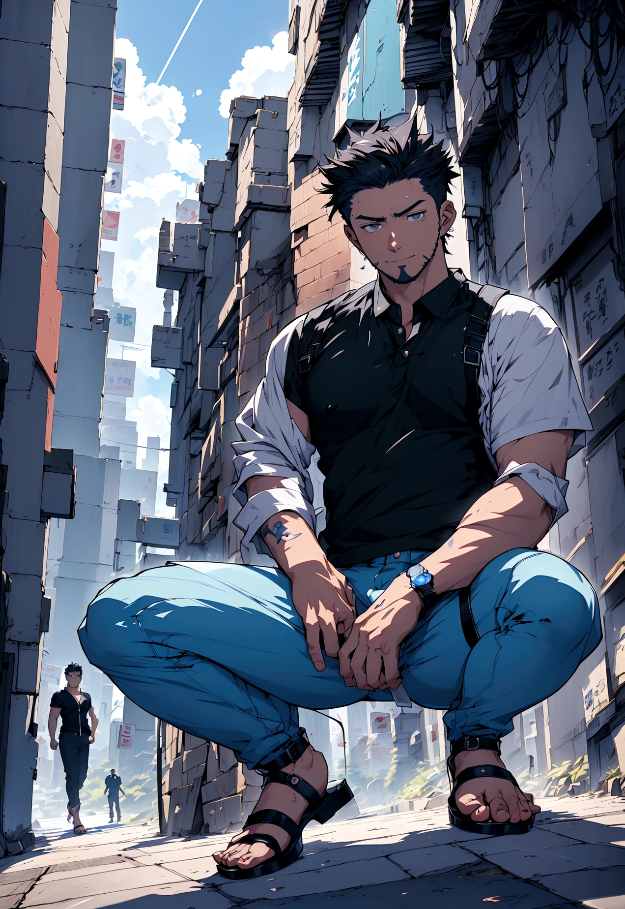 Highest quality、High resolution、８K、Japanese anime-like illustrations、Very handsome grown man、（detailed face）、（detailed eyes）、A fantastic atmosphere、Wearing a blue and white T-shirt、Wearing blue pants、Wearing black sandals、Crouching alone in the cityscape under the blue sky、A very handsome young man with dark hair and dark eyes、A detailed, symmetrical face、Background、A modern streetscape with a vibrant urban atmosphere and no one around、Amazing anime 8k, male hero, artstation、 Anime Handsome Man, Anime Style 4k, 4k anime wallpaper, Anime Concept HDR Anime McManus, Male Anime Characters, Anime Art Wallpapers 8K