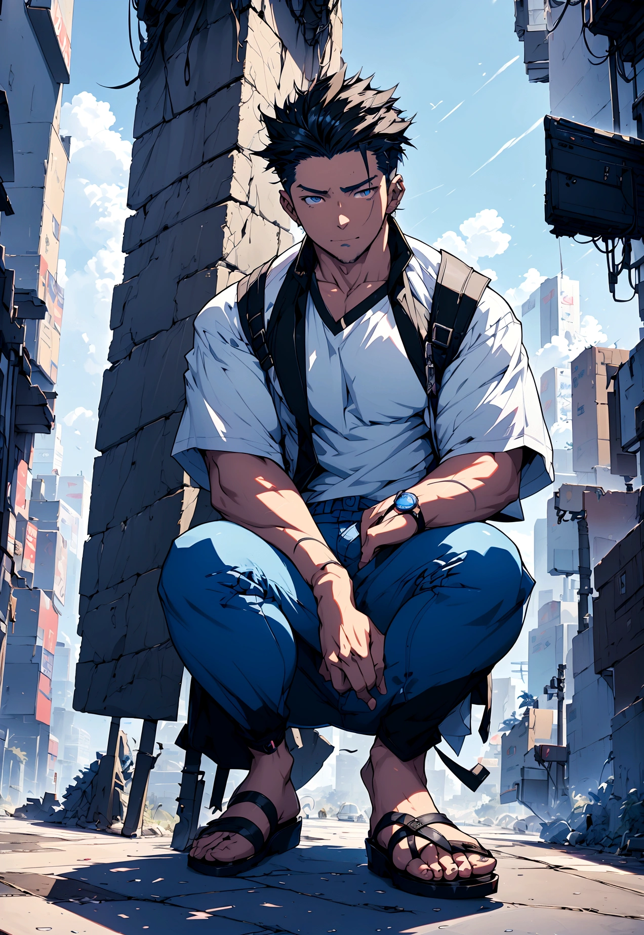 Highest quality、High resolution、8K、Japanese anime-like illustrations、Very handsome grown man、(detailed face)、(detailed eyes)、A fantastic atmosphere、Wearing a blue and white T-shirt、Wearing blue pants、Wearing black sandals、Crouching alone in the cityscape under the blue sky、A very handsome young man with dark hair and dark eyes、A detailed, symmetrical face、Background、A modern streetscape with a vibrant urban atmosphere and no one around、Amazing anime 8k, male hero, artstation、 Anime Handsome Man, Anime Style 4k, 4k anime wallpaper, Anime Concept HDR Anime McManus, Male Anime Characters, Anime Art Wallpapers 8K