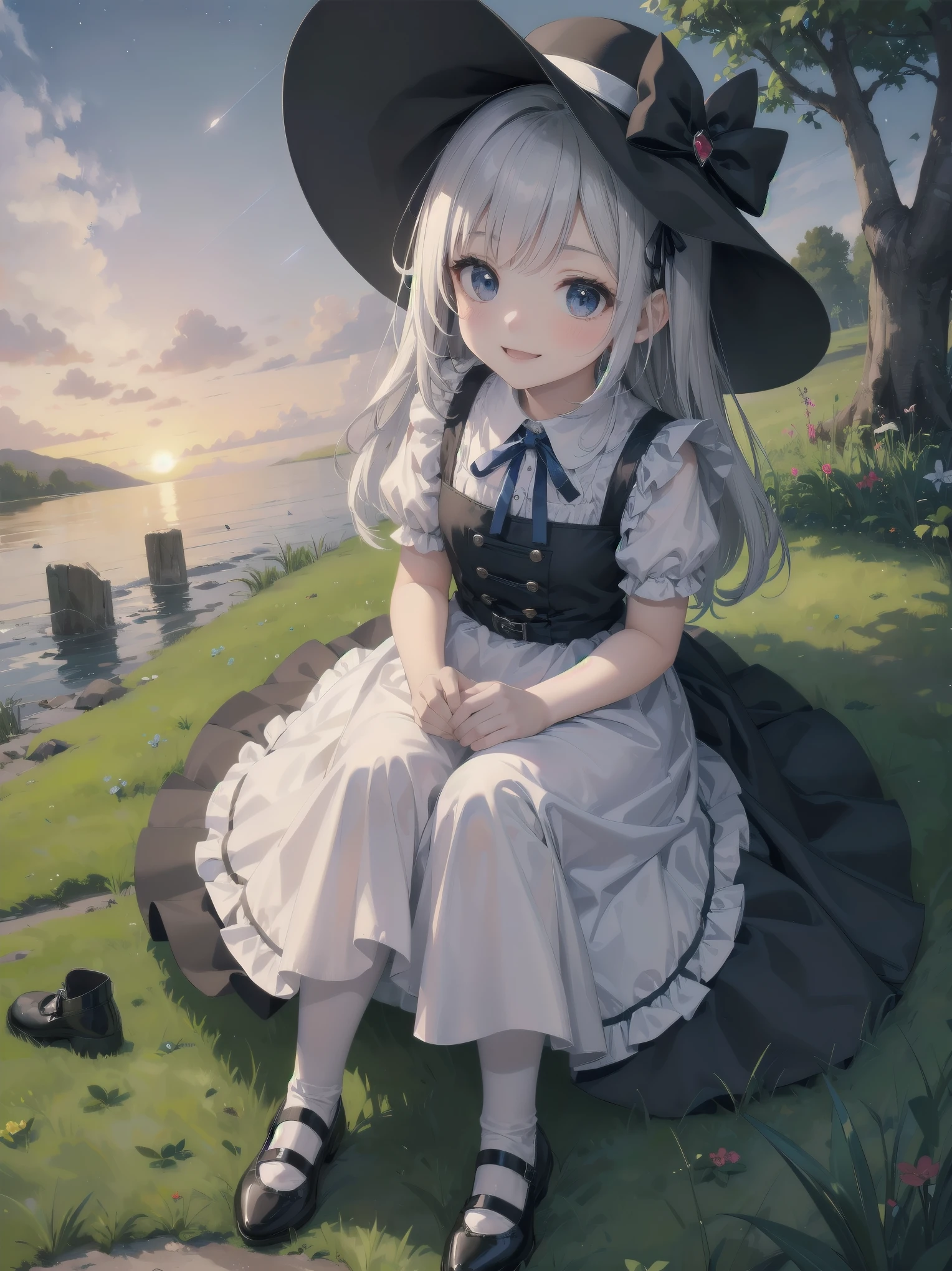 A serene outdoor scene unfolds at dusk, with a brilliant blue sky transitioning into a canvas of twinkling stars. A beautiful young girl, dressed in a stunning white and black gothic maid dress adorned with a navy blue ribbon, stands amidst lush green grass. Her companion, a delightful toddler, dons a charming maid hat with ruby accessories, complemented by black stockings and shoes. The little one beams with joy, smiling brightly as they gaze up at the celestial display together